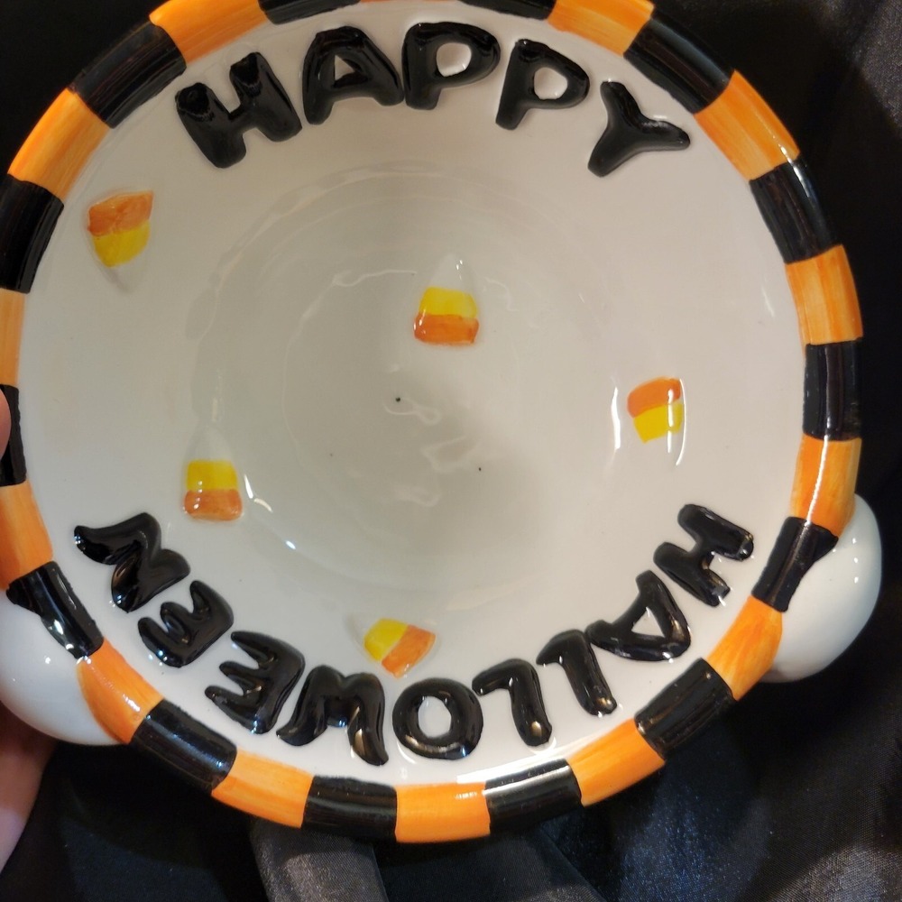 Halloween Candy Dish Ghosts Bats Pumpkins Candy Corn White Black Orange Whimsy